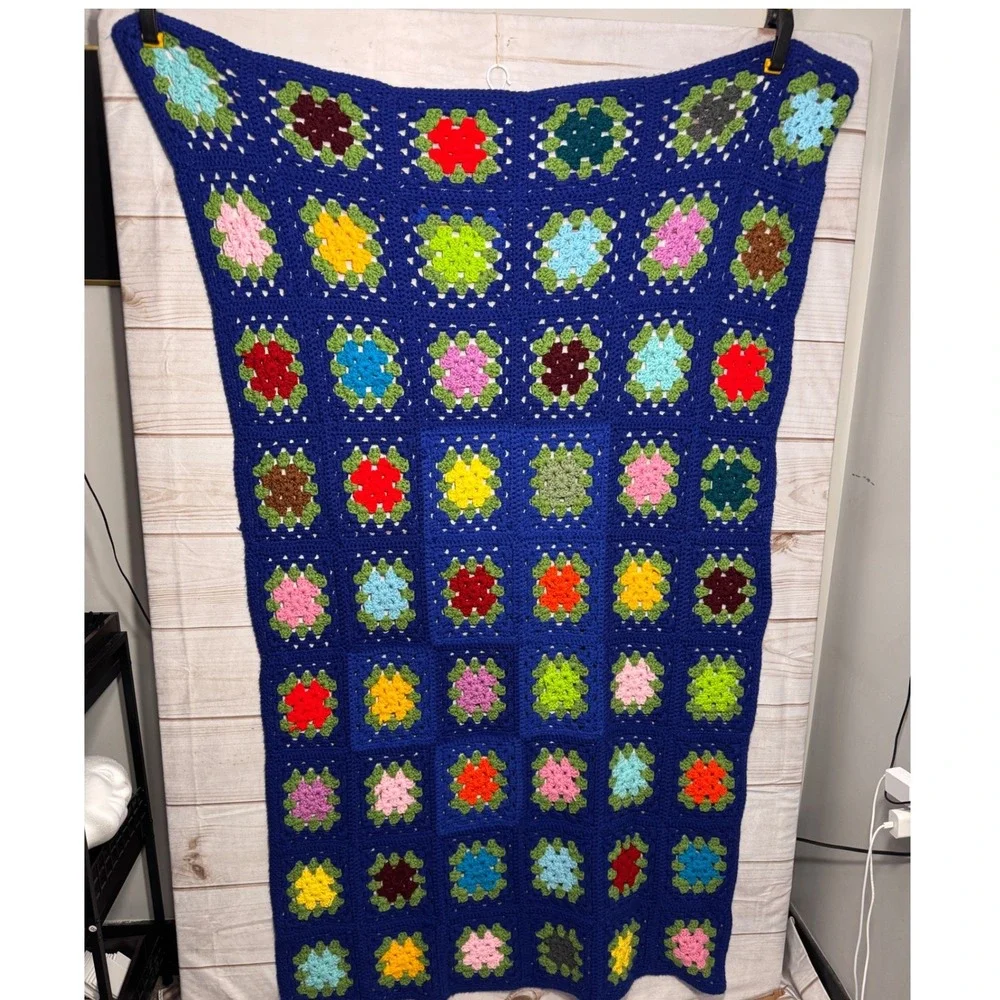 Vintage Handmade Crochet Granny Square Blanket Royal Blue Multi Color Boho Throw